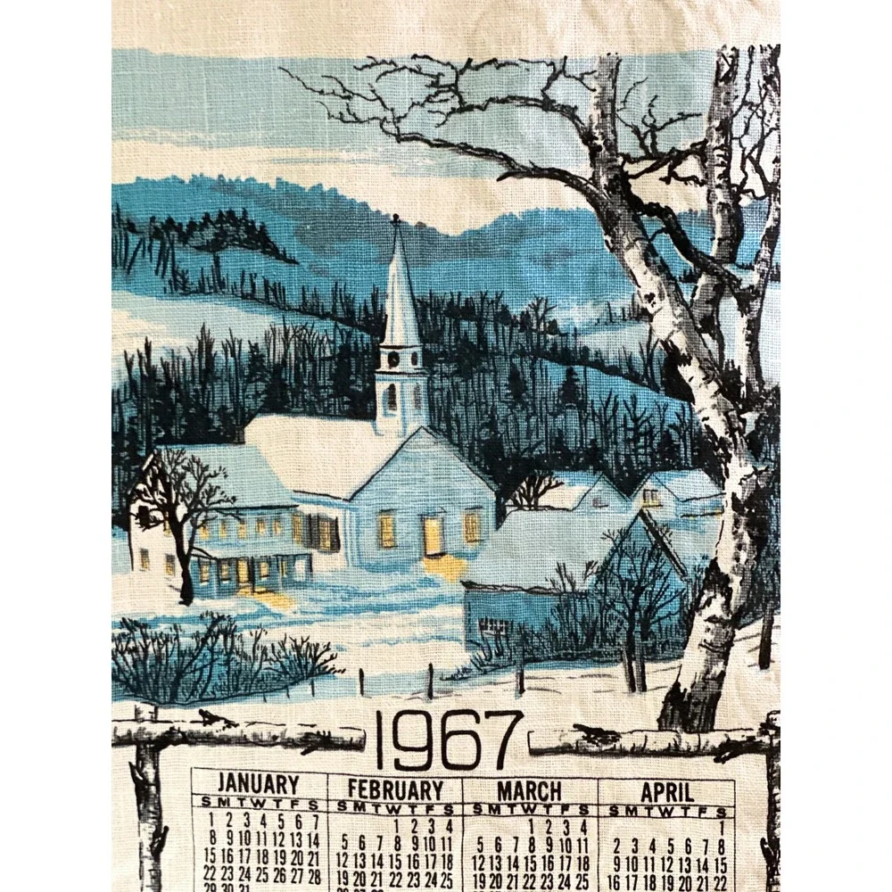 Vintage 1967 Linen Wall Calendar Towel Winter Church Scene Mid Century Decor